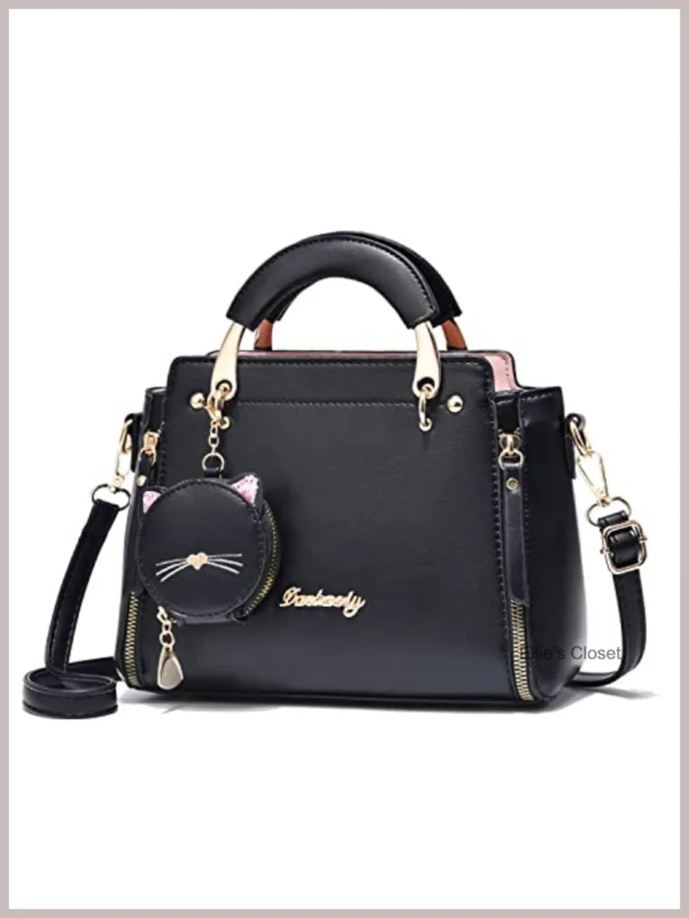 PU Leather Satchel Crossbody Bag with Kitten Pendant Sequins Fashion Shoulder
